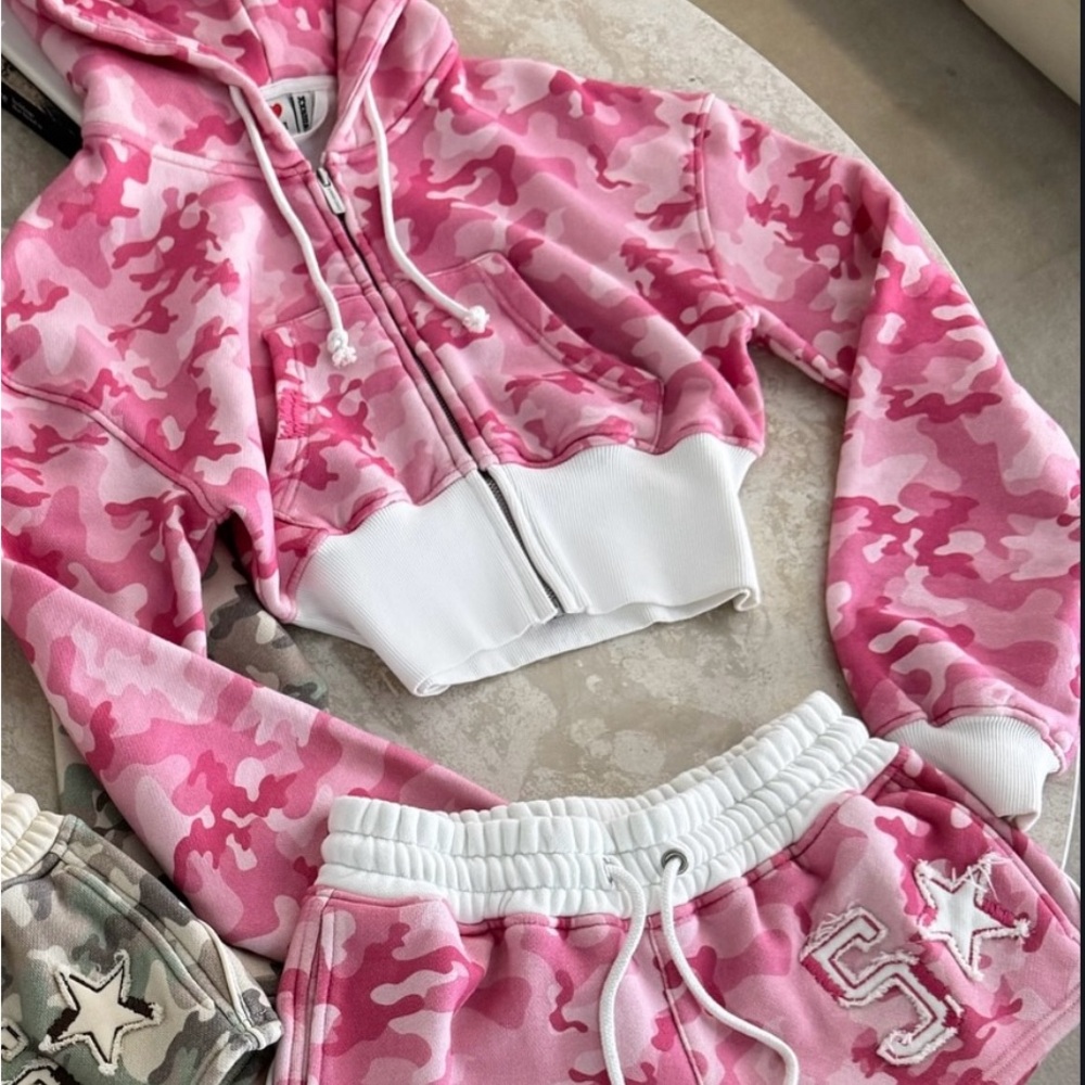 Pink Camouflage Women's Hoodie and Shorts Set